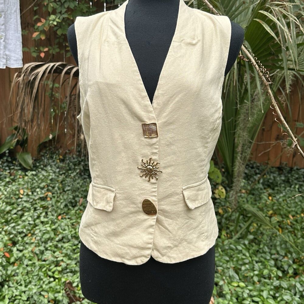 Vintage Catherine Malandrino Linen Vest Waistcoat with Gold Novelty Sun Buttons